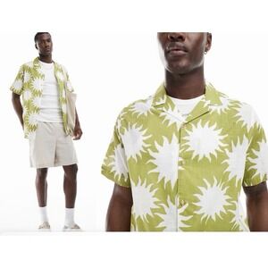 ASOS Design Mens Camp Shirt Size 2X Sun Print Green White Button Up Beach Casual